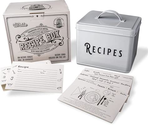 Large Farmhouse Metal Recipe Box With Cards And Dividers